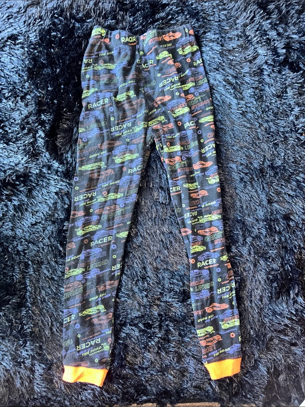 Kids Black Racer Print Pajama Set with Orange Cuffs